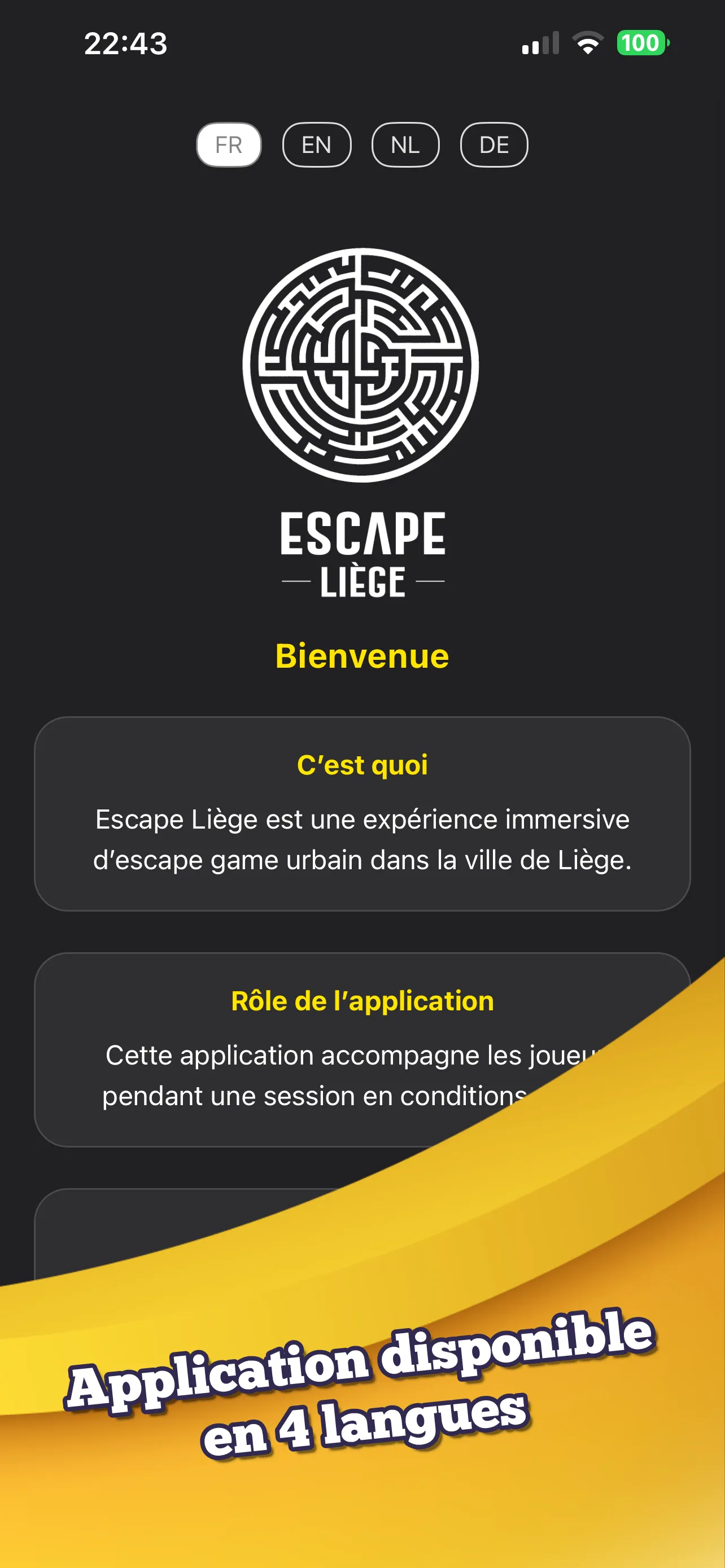 Écran d'accueil de l'application Escape Liège, disponible en français, anglais, néerlandais et allemand