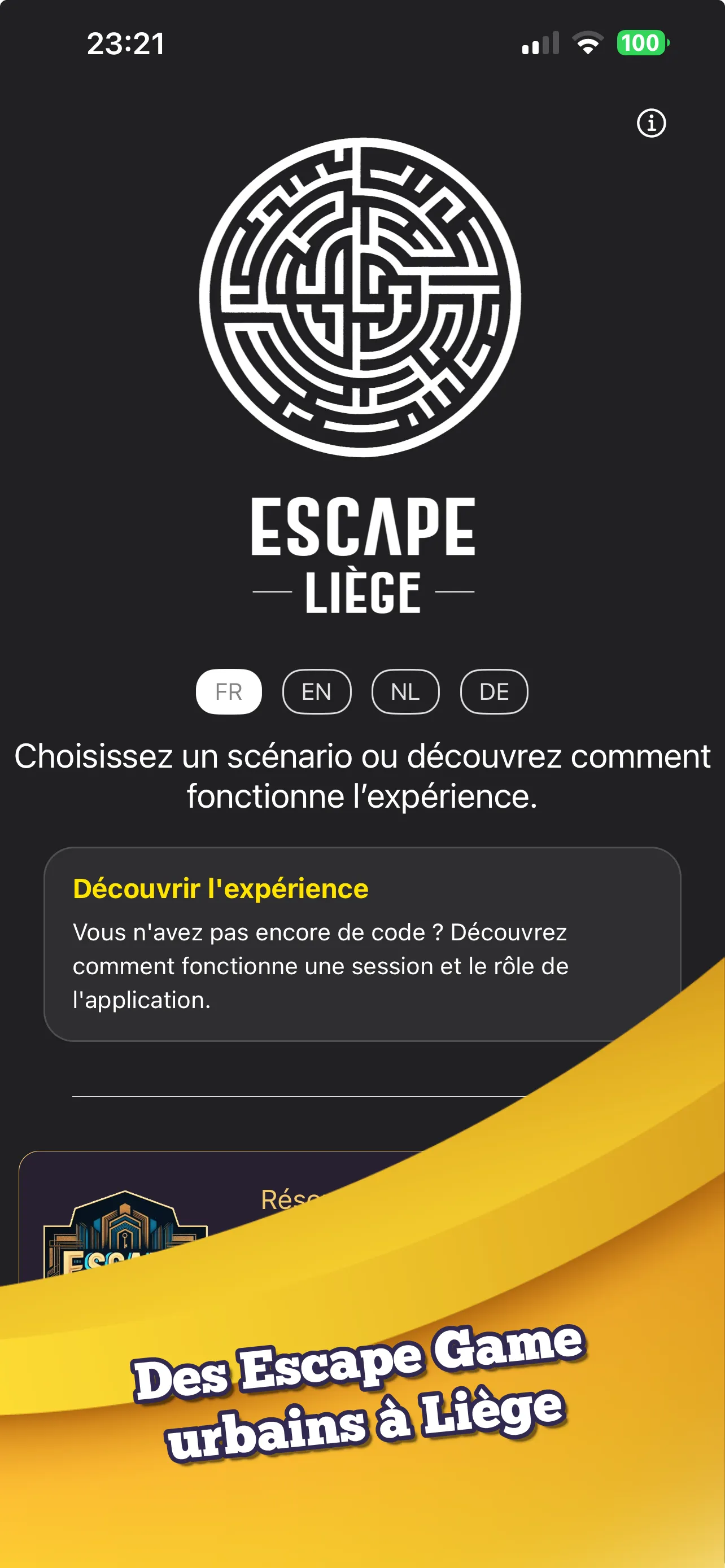 Choix du scénario d'escape game urbain dans l'application Escape Liège